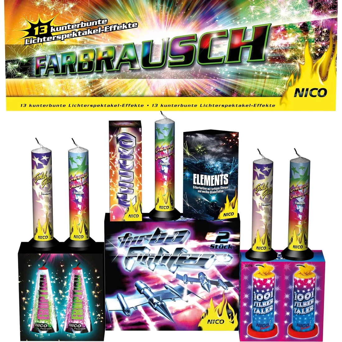 Farbrausch, Leucht-Sortiment — Fontänen & Vulkane — von NICO — Silvester-Feuerwerk kaufen bei stopine