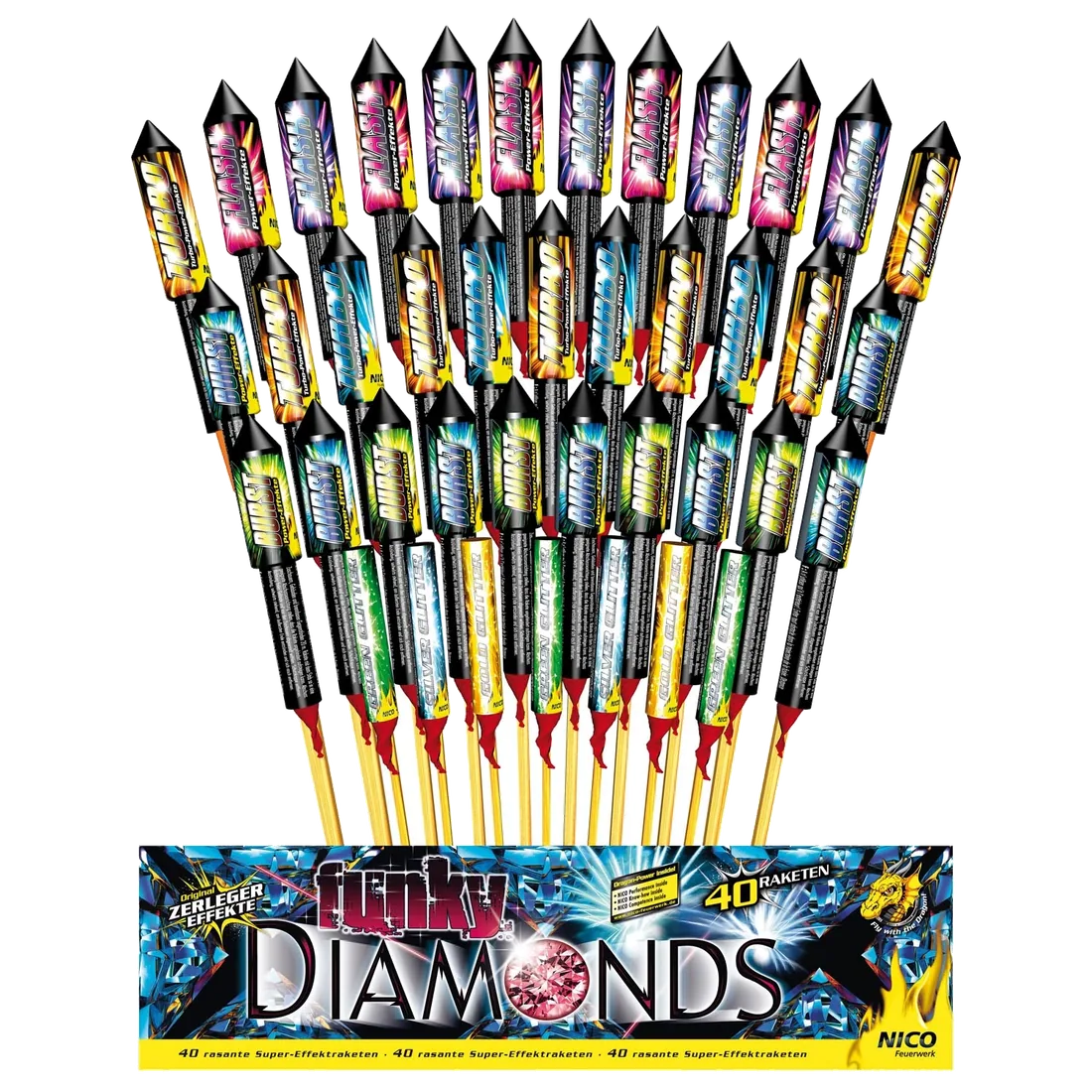 Funky Diamonds, 40er-Rak.-Btl. — Raketen — von NICO — Silvester-Feuerwerk kaufen bei stopine