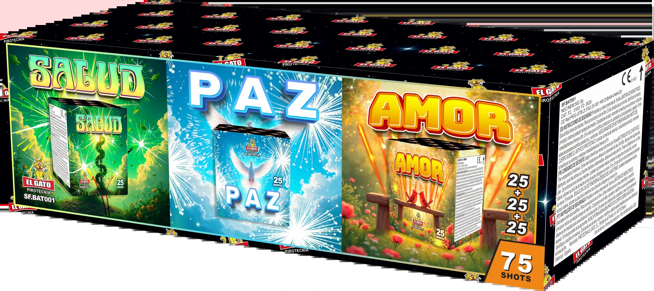 Salud, Paz, Amor 3x25 Schuss — Batterien — von Pirotecnia El Gato — Silvester-Feuerwerk kaufen bei stopine